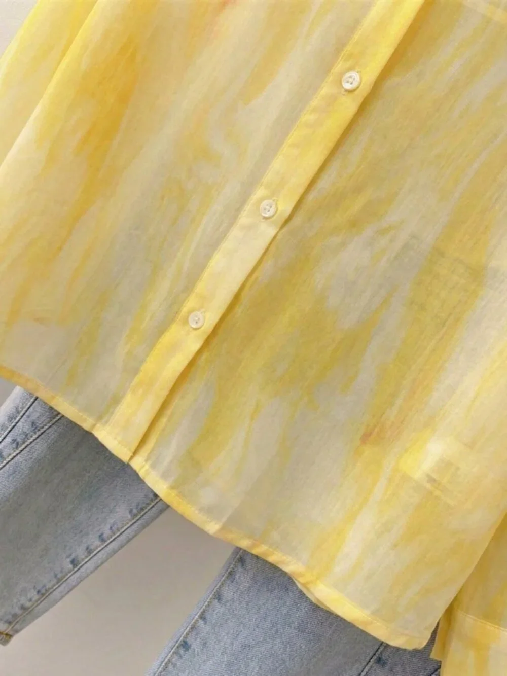 Yellow Casual Tie-Dye Women's Lightweight Sheer Long Sleeve button down Blouse - Picture 10 of 10